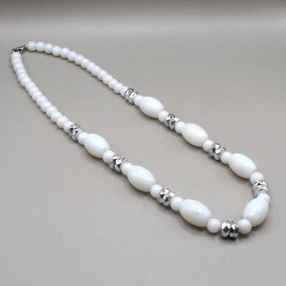 White Milk Glass Beaded Choker Necklace w/ Silver Tone Accent Beads - Picture 2 of 4
